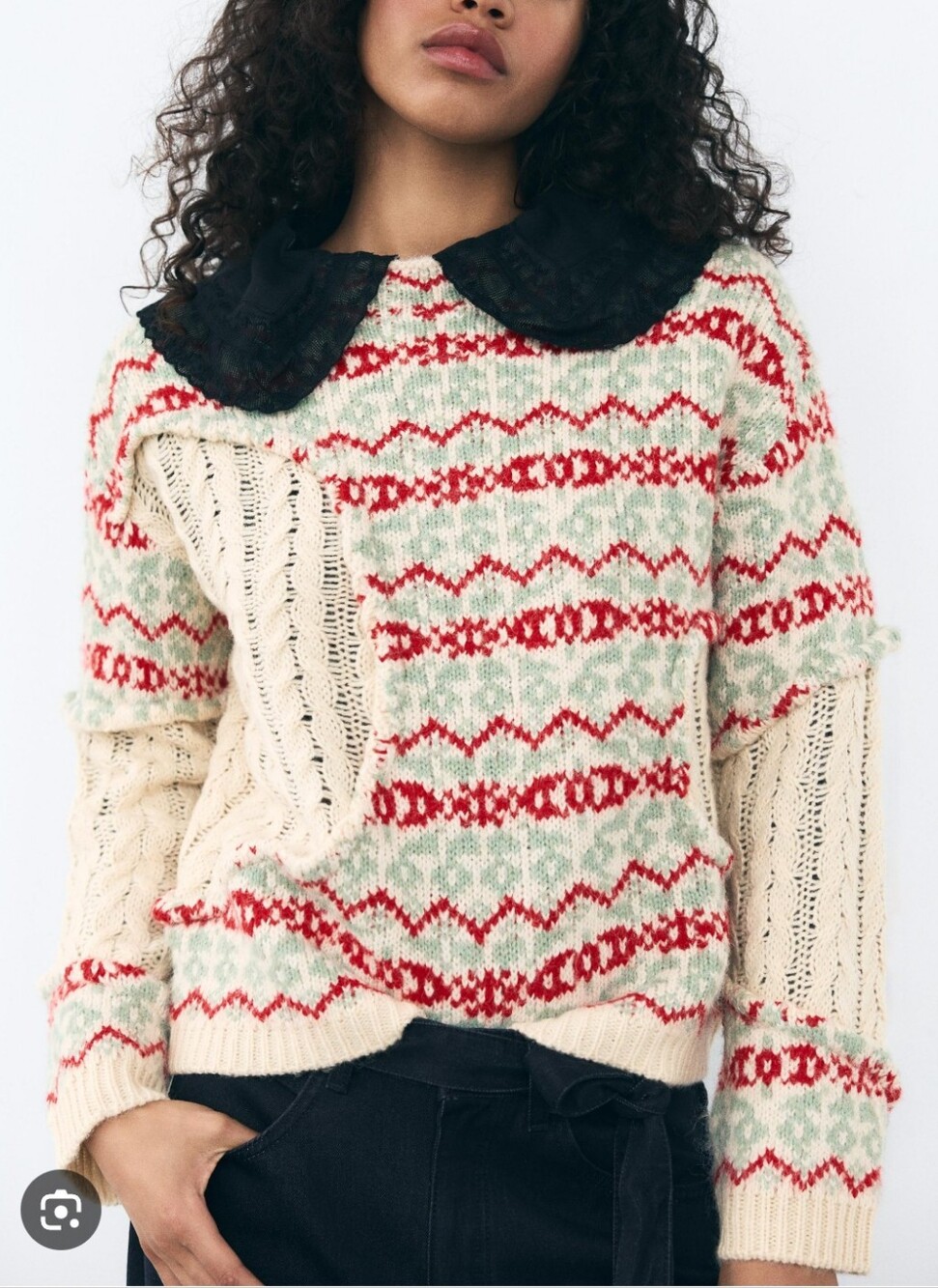 ZARA Cream Cable Knit Sweater with Red & Green Jacquard